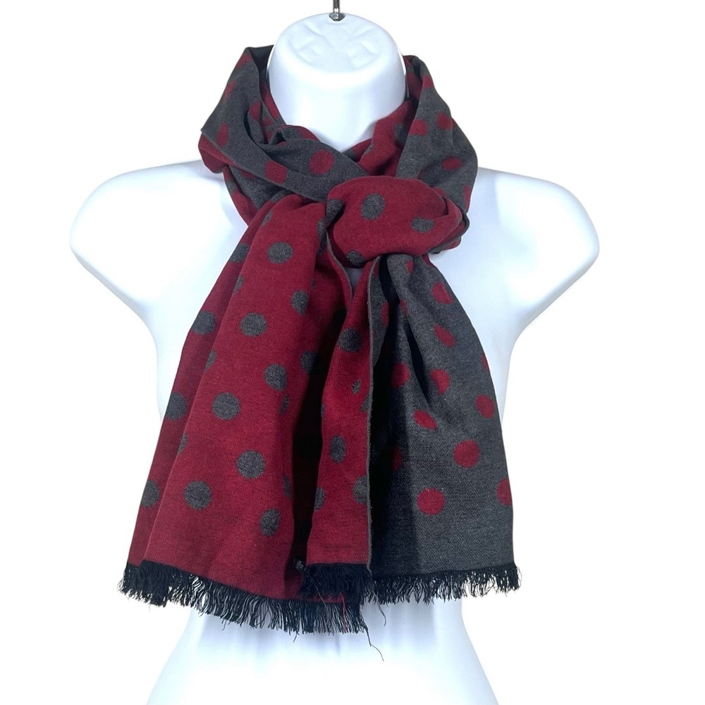 Chelsey 100% Silk Knit Rectangular Scarf Burgundy & Grey Polka Dot Fringe